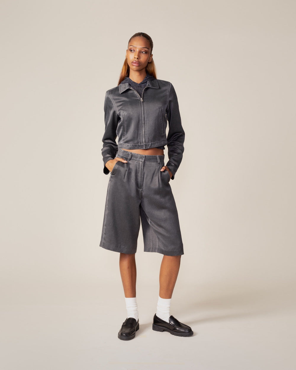 DP - Black Oyster Satin Washed Jacket - Packshot - Front