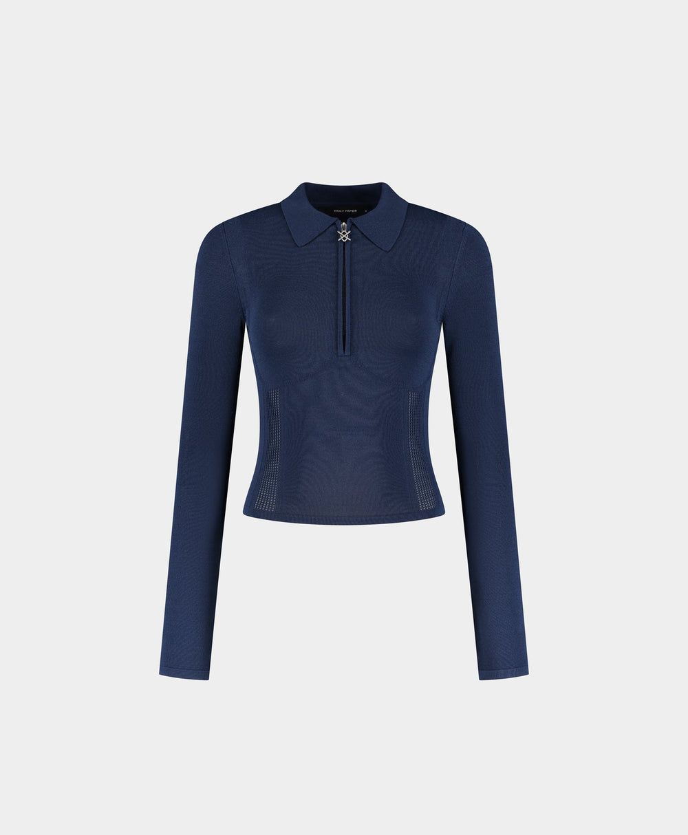 DP - Blue Zip Knit Polo Long sleeve - Packshot - Front