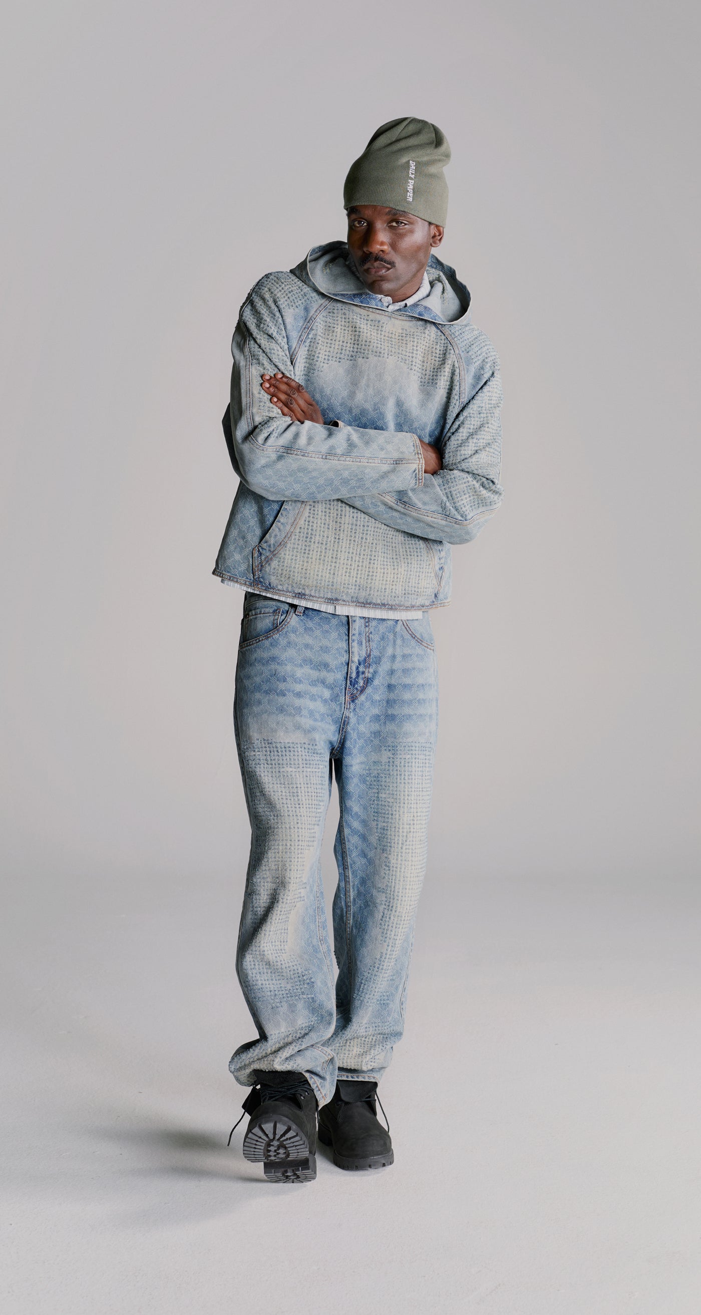 DP - Blue Destroyed Denim Hoodie - Modelshot - mens