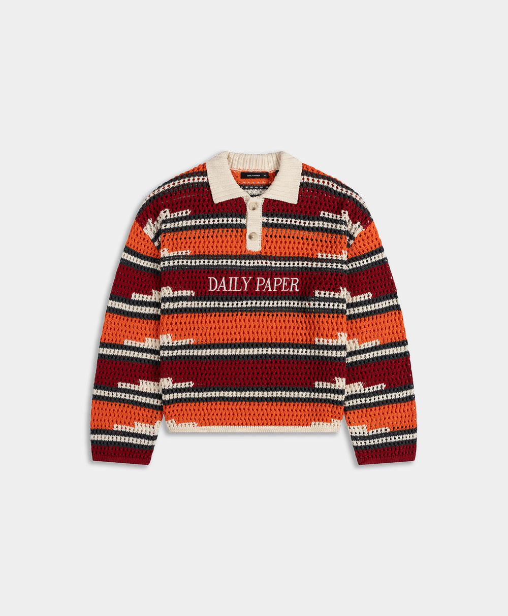 DP - Haute Red Tigerlily Kente Stripe Knit Polo - Packshot - front
