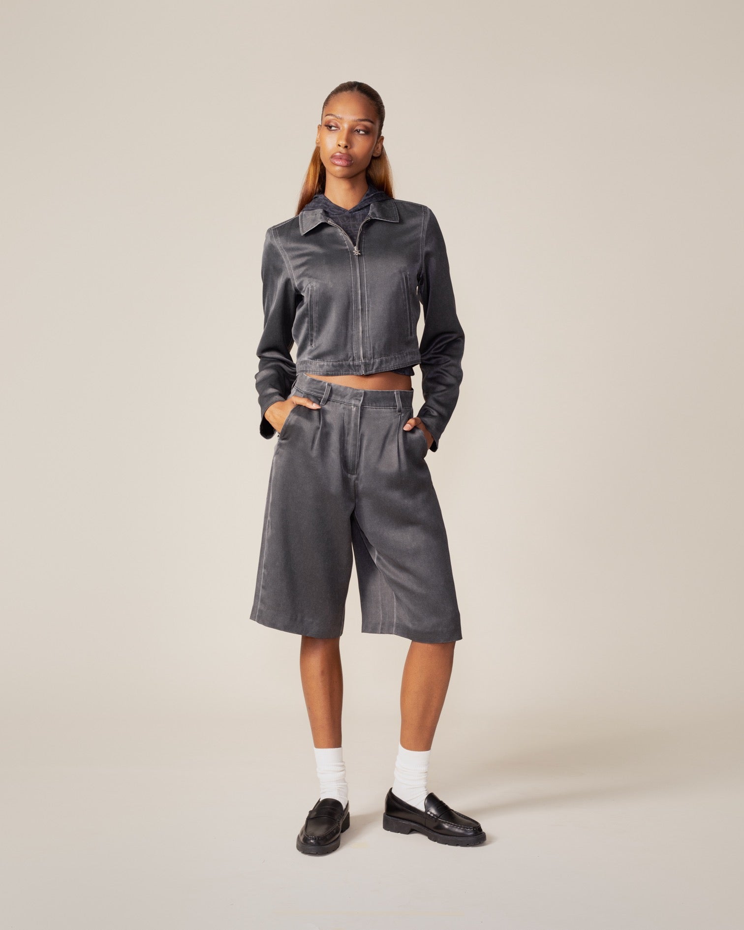 DP - Black Oyster Satin Washed Jacket - Packshot - Front