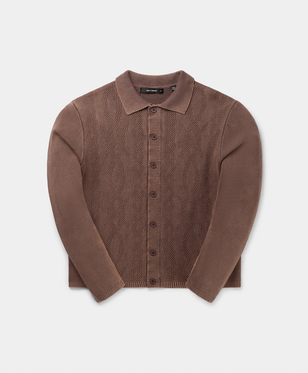 DP - Bordeaux Red Shield Cable Cardigan - Packshot - Front