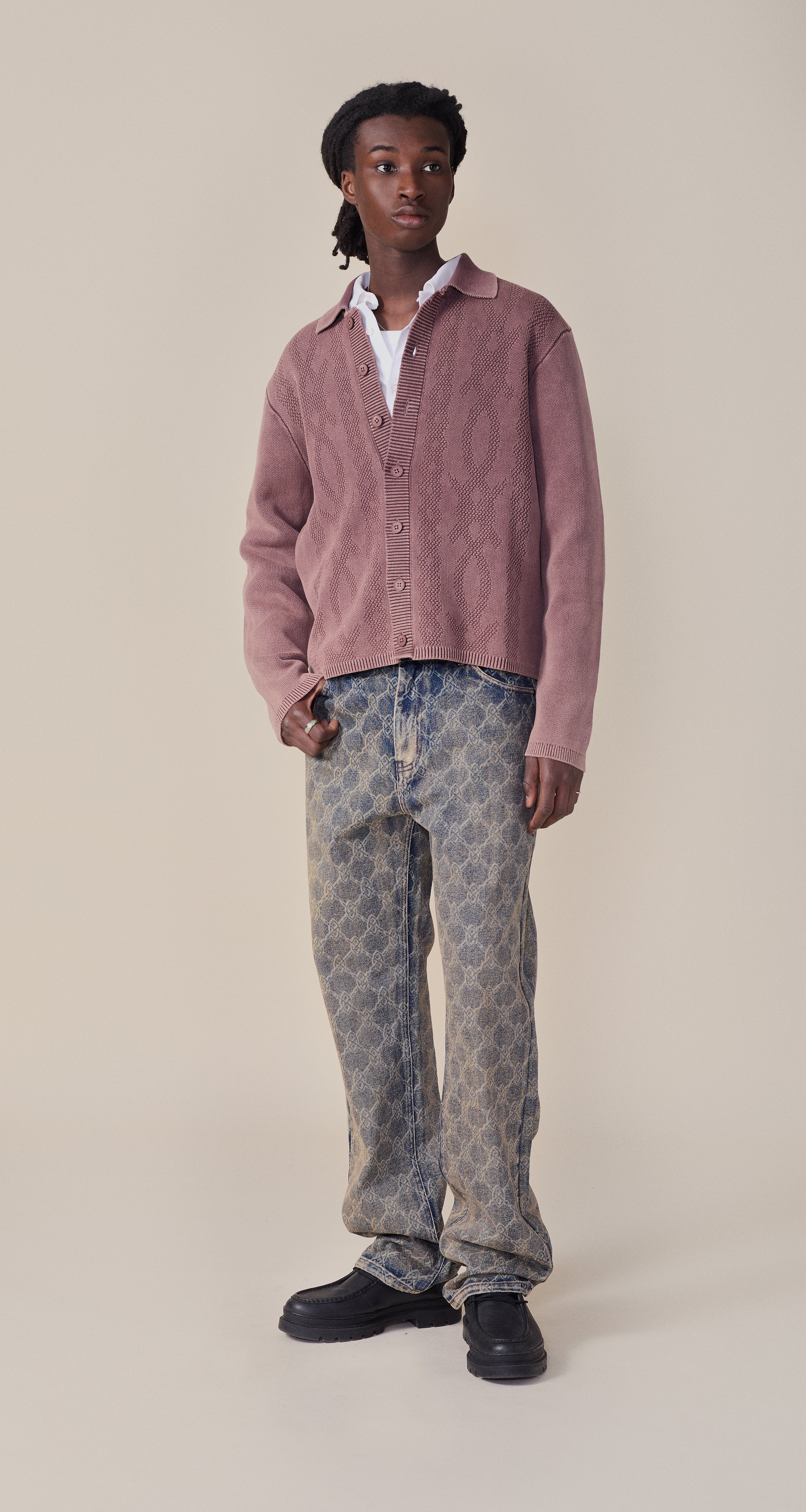 DP - Bordeaux Red Shield Cable Cardigan - Modelshot - Men