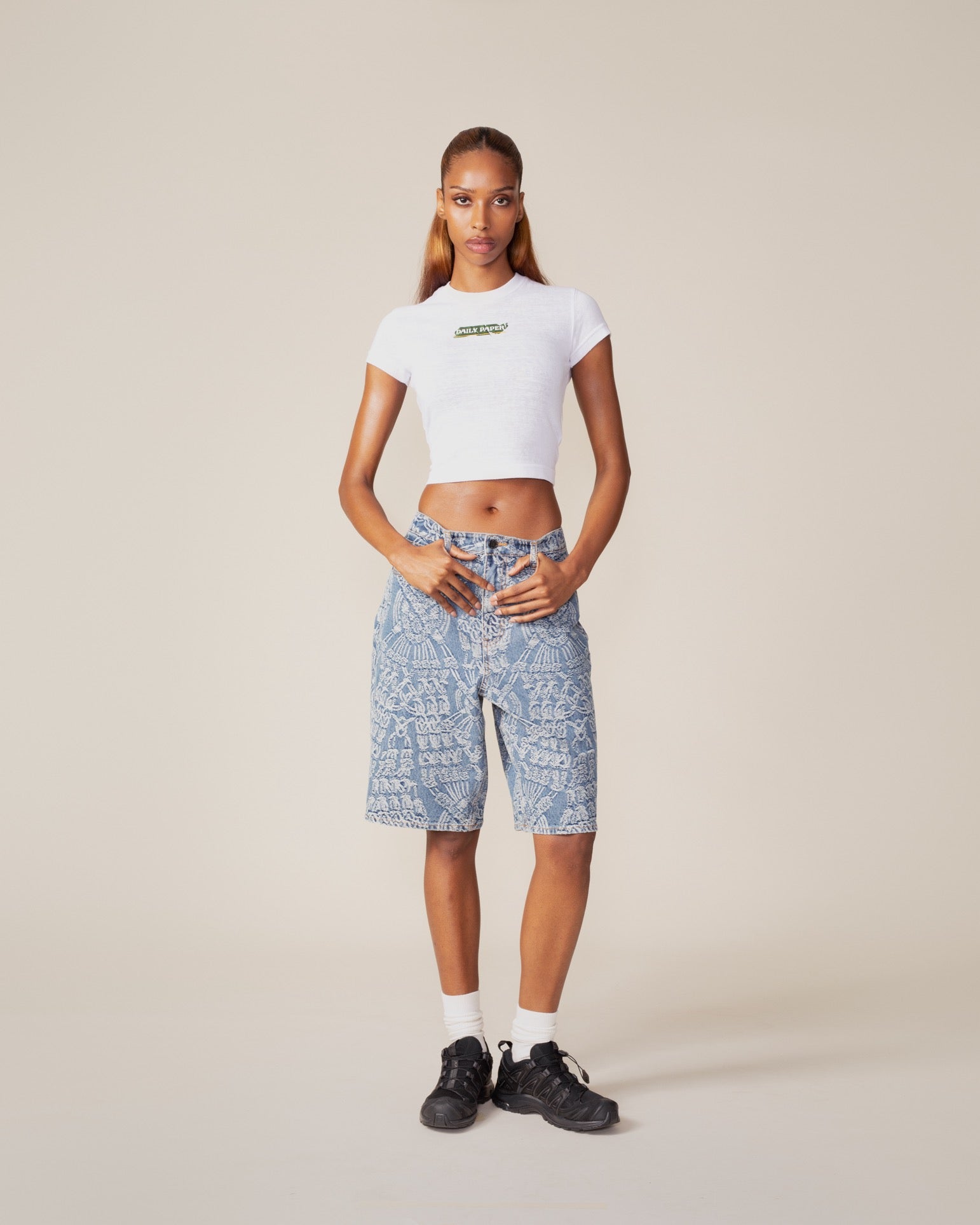 DP - White Sticker Cap Sleeve T-Shirt - Modelshot - front